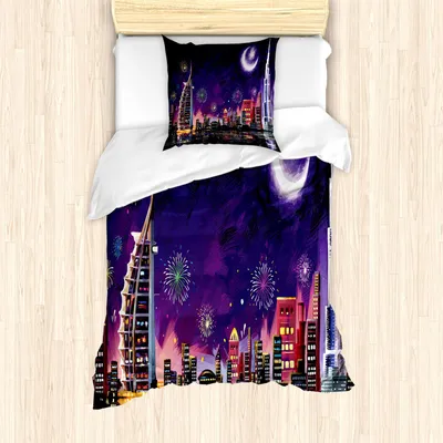 Produktbild von ABAKUHAUS Landschaft Bettbezug Set, Illustration der Eid-Feier nachts in Dubai-Wolkenkratzer-und Feuerwerk-Druck, 135 x 200 cm + 80 x 80 cm, Lila