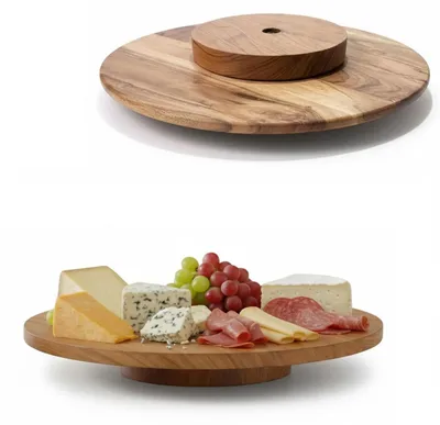 Produktbild von LS-LebenStil XL Servierplatte Drehteller Akazie 35cm Holztablett drehbar Drehtablett Vesperbrett Serviertablett Pizzateller Servierbrett Käseplatte