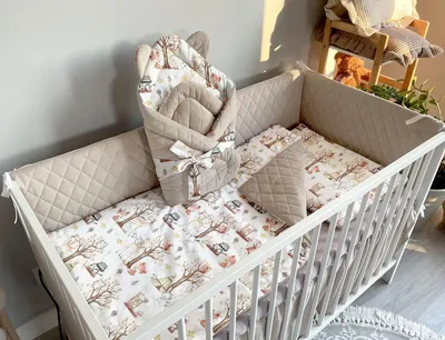 Produktbild von Baby Bettwäsche Set- 4 teiliges Set mit Babybettwäsche, Einschlagdecke und Bettnestchen Bettumrandung, für Babybett 140×70cm, Forest und Sand