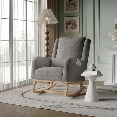 Imagen del producto de Silla mecedora - Sillón mecedora - Sillón reclinable - Sillón tapizado en felpa gris - Revestimiento de felpa suave