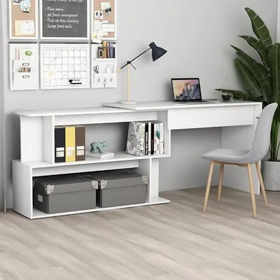 Obrázok produktu pre Bielý písací stôl z drevovláknitej dosky, rozmer 200x50x76 cm, otočný, s úložným priestorom, otvorenou policou, úsporný dizajn, vhodný do kancelárie, domáceho pracoviska a pracovne, praktické riešenie pracovného stola