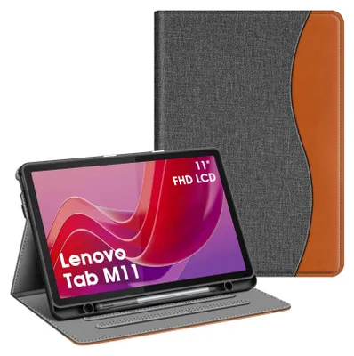 Produktbild von Fintie Hülle mit Stifthalter für Lenovo Tab M11 (TB330) 11 Zoll 2024, Soft TPU Rückseite Gehäuse Schutzhülle mit Dokumentschlitze und Multi-Winkel Ansicht, Nicht für Lenovo Tab P11 11 Zoll, Denim Grau