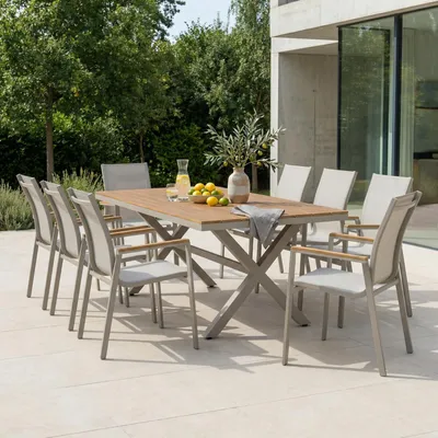 Produktbild von Gartenmöbel Set WINDY mit 1 Tisch und 8 Stühlen, Kaschmir/Champagner - Terrassenset aus Alu und WPC, Outdoor Esstisch Set in Holzoptik, Stühle mit Netz witterungsbeständig bespannt, Gartensitzgruppe