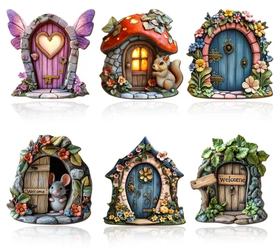 6 Holz-Feentüren, Miniatur-Ornamente für Bäume & Gärten