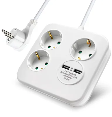 Produktbild von EXTRASTAR Steckdosenleiste mit 3 Steckdosen und 2 USB-Ports, 1,5 m, für Zuhause,