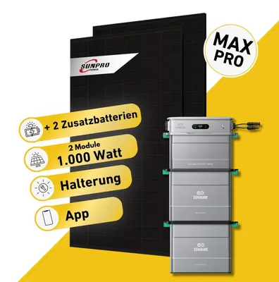 Produktbild von Balkonstrom Balkonkraftwerk 1000W mit Speicher | 2xZusatzspeicher | Balkonhalterung | 2xSolarmodul Bifazial | Zendure SolarFlow 800 Pro 2 |Kabel 2m