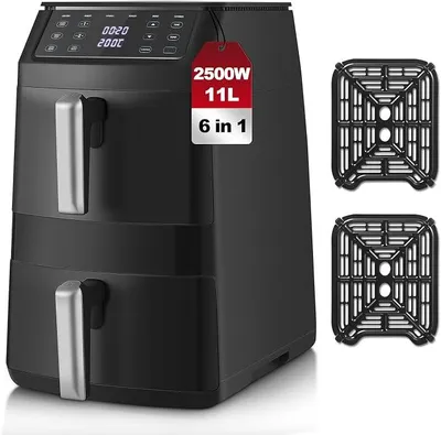 Imagen del producto de Freidora de aire XXL de 11 litros, freidora de aire de doble cámara superpuesta, 2 cámaras, 2500W, 6 programas, 8 recetas, apta para lavavajillas, de bajo consumo energético
