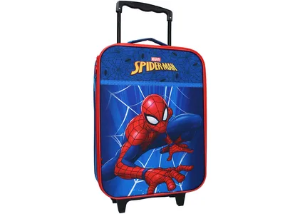 A Spider-Man themed rolling suitcase against a white background.