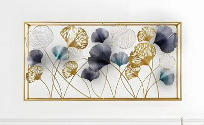 Image de tableau mural 3D "Ginkgo" en métal doré, anthracite, turquoise, 125x60 cm, décoration murale, ornement mural
