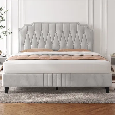 Produktbild von Yaheetech Polsterbett mit höhenverstellbarem Kopfteil Doppelbett 160×200cm Stoffbett Jugendbett Gepolstertes Bett Bettrahmen mit Lattenrost Beige