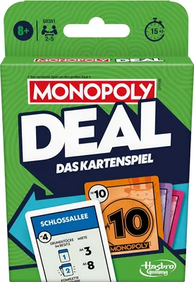 The image shows the packaging of a Monopoly Deal card game.