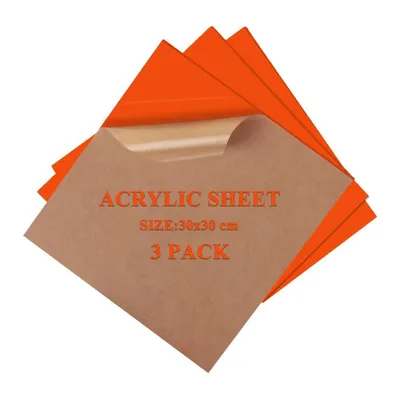 A stack of orange acrylic sheets with protective brown paper covering one of them, showing text details.