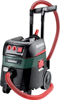 A black and green Metabo vacuum cleaner with a red hose.