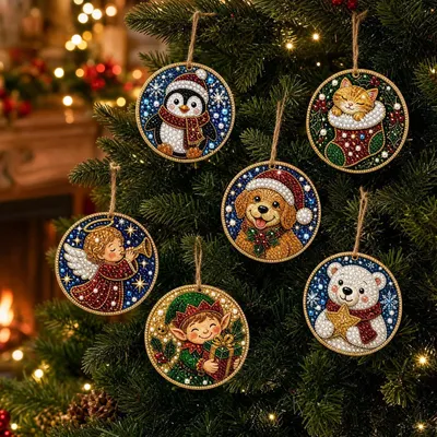 Produktbild von Diamond Painting Set, 6 Pack DIY 5D Christmas Diamond Painting, Hölzerne Christbaumanhänger zum Selbstgestalten-E