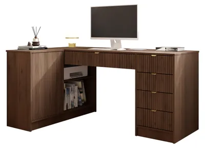 Produktbild von MIRJAN24 Eckschreibtisch / Schminktisch Tireno mit 5-Schubladen, Fronten gefräst, Aluminiumgriffe in der Farbe Gold (Farbe: Nuss Okapi)