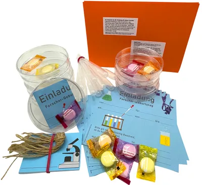Produktbild von Kindergeburtstag Einladungen und Farb-Experiment in der Petrischale für Forscher-Party, blau, Forschen mit myExperimentSet