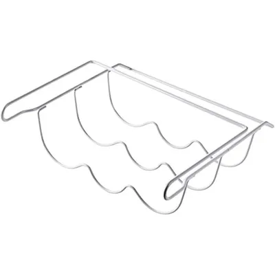 A metal wine rack designed to hold up to three bottles.