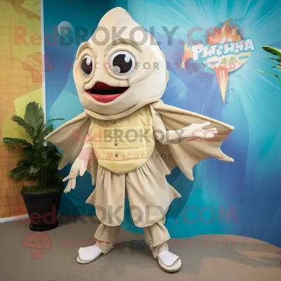 Produktbild von Beigefarbener REDBROKOLY Fisch-Tacos Maskottchen Kostüm charakter bekleidet mit einem Overall und Handtaschen