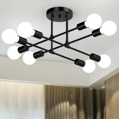 A black semi-flush mount ceiling light fixture with eight exposed bulbs, mounted on a white ceiling.