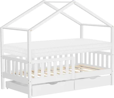 Obrázok produktu pre ML-Design detská posteľ domček posteľ 80x160 cm biela s matracom H:10cm, 2 zásuvky ochrana proti vypadnutiu lamelový rošt a strecha hracia posteľ z borovicového dreva podlahová posteľ