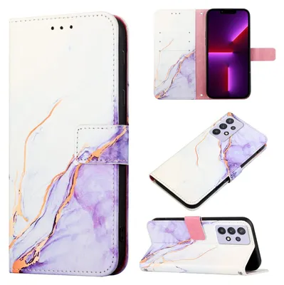 Produktbild von Galaxy A52 4G Hülle, Marmor Motiv Kunstleder Tasche Wallet Kartenfächer mit Standfunktion Klapp Schutzhülle für Samsung Galaxy A52 4G / 5G / A52S 5G Weiß Lila