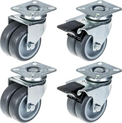 Obrázek produktu pro 75mm 3" kolečko s dvojitým kolečkem, šedé, gumové, otočné a s brzdou, nosnost 400 kg, sada 4 ks
