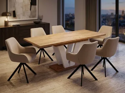 Produktbild von ENDO-Möbel Essgruppe "Lara White" - Esstisch ausziehbar 130-210cm in Eiche Craft Gold für 6 Personen mit Stühlen in Leinen-Beige