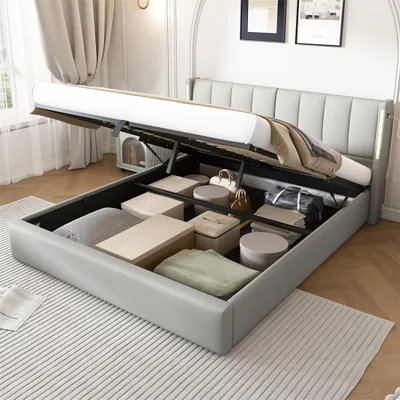 Immagine prodotto di Letto imbottito Sweiko 140 x 200 cm, letto idraulico, con illuminazione LED, con vano contenitore, testata regolabile, PU, bianco
