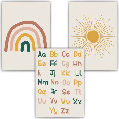 Produktbild von ABC Kinderposter 3er Set Lernposter Sonne Regenbogen Alphabet | Kinderzimmer Wandbilder Kindergarten Grundschule Lernhilfe – DIN A4 (21x29.7cm)