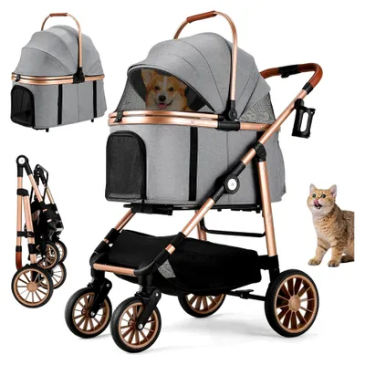 Produktbild von 4-in-1 Hundewagen, Hundebuggy bis 25 kg, 360° Gummiräder mit Schwingungsdämpfung, faltbarer Hundekinderwagen, Gitterfenster, Sicherheitsgurt, geländegängiger Hundebuggy, Katzenwagen (Grau)