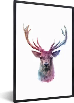Produktbild von MuchoWow® MuchoWow® Gerahmtes Poster Hirsche - Aquarell - Weiß 60x90 cm - Poster mit zchwarzem Bilderrahmen - Kunst
