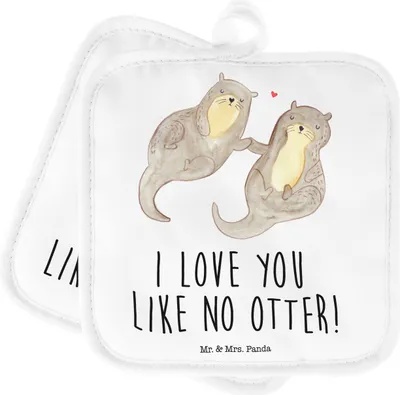 Produktbild von Mr. & Mrs. Panda Topflappen Otter Hände halten - Weiß - Geschenk, glücklich, Paar, Set, Topfuntersetzer, 2er, topfhalter, Verliebt, Liebe, Kochlappen, Romantisch
