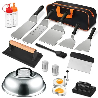 A collection of barbecue tools and accessories laid out on a white background.