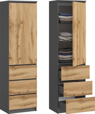 A tall, narrow wardrobe or cabinet with a wood grain front and gray sides, shown in two views: one closed and one with the door open revealing shelves and drawers.