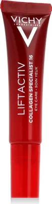 A product shot of a red and white tube of eye cream.