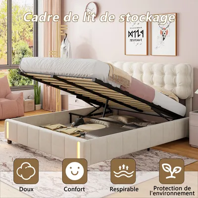 Immagine prodotto di letto contenitore 140 x 200 cm con rivestimento in velluto beige, rete illuminata a LED e rete a doghe