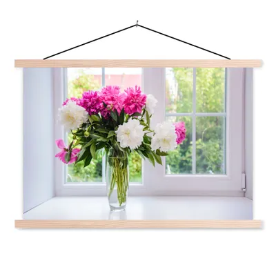 Produktbild von MuchoWow® Textilposter Blumen - Pfingstrosen - Vase 120x80 cm mit holzfarbenen Rahmen - Aufhängeset