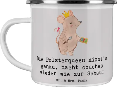 Produktbild von Mr. & Mrs. Panda becher emaille Polsterei Präzision - Grau Pastell - Geschenk, emaillebecher, metallbecher, Beruf, Couch, personalisierte Geschenke, Berufsleben, Tasse
