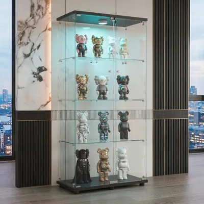 Produktbild von Glasvitrine mit LED-Beleuchtung, Standvitrine abschließbar mit 2 Glastüren, 4 Glasböden, Vitrinenschrank für Sammlungen, Schwarz