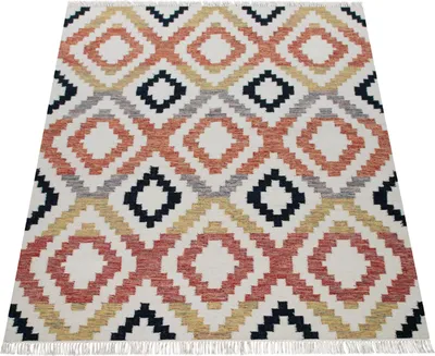 Produktbild von Teppich Wohnzimmer Boho Fransen Handgewebt Wolle Baumwolle Rot Schwarz Gelb Creme Grösse 240x340 cm