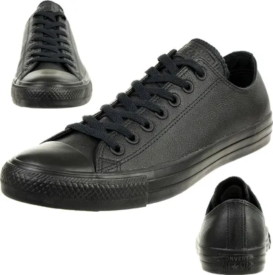 A collage of three views of a black leather Converse Chuck Taylor Ox shoe.