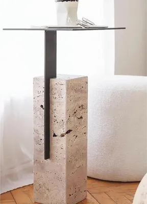 Produktbild von Casa Padrino Luxus Travertin Beistelltisch mit Metall Tischplatte Beige / Schwarz H. 70 cm