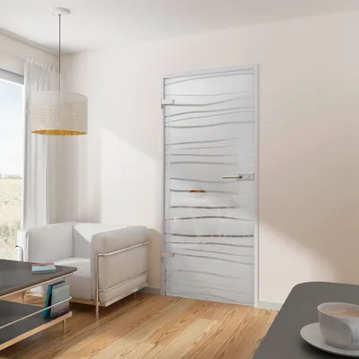 Zimmertür aus Glas mit Mistral Dekor in modernem Wohnraum