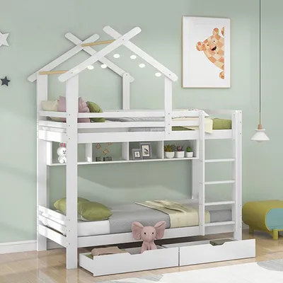 Produktbild von MODFU Etagenbett Kinderbett 90x200cm mit Schubladen und Regalen, Hochbett Hausbett mit Rausfallschutz, Massivholzbett Stockbett mit dreistufige rechtwinklige Leiter, Jugendbett Bettgestell, Rahmen aus Kieferholz,Weiß