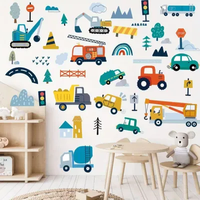 Produktbild von Baustellenfahrzeuge Wandsticker Set Kinderzimmer Bagger LKW Kran Traktor selbstklebend Baustelle Wandtattoo Jungenzimmer Deko