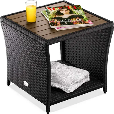 Produktbild von CASARIA® Beistelltisch Wetterfest Klein Holz Polyrattan Akazie 45x45x40cm 80kg Belastbarkeit Outdoor Tisch Gartentisch Balkontisch Gartenmöbel, Farbe:Schwarz