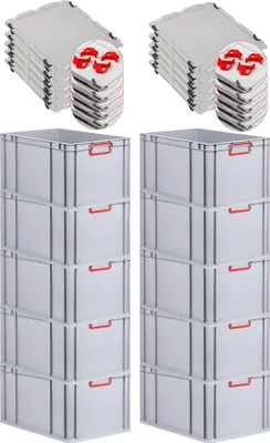 Produktbild von SparSet 10x Eurobox NextGen Color mit Auflagedeckel und Schiebeschnappverschlüsse | HxBxT 32x40x60cm | 65 Liter | Grau | Griffe rot geschlossen | Verstärkter Boden | Eurobehälter, Transportbox, Transportbehälter, Stapelbehälter