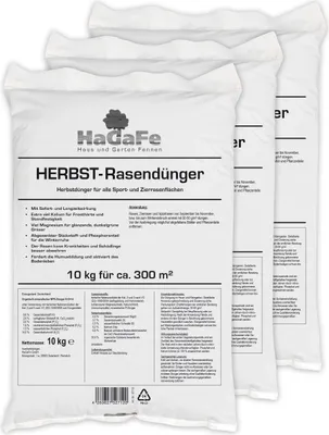 Produktbild von 3 x 10 kg HaGaFe Herbstrasendünger, Herbst - Rasendünger, Kaliumdünger, Dünger, für Frosthärte und Standfestigkeit, mit Sofort.- und Langzeitwirkung