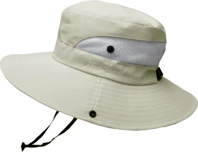 Produktbild von Damen Outdoor UV-Schutz Faltbarer Sonnenhut Netz Breite Krempe Strand Fischerhut mit Pferdeschwanzloch