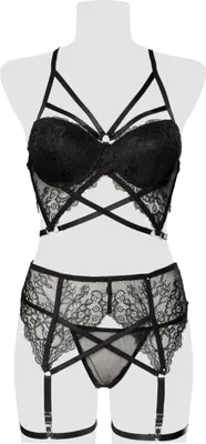 Produktbild von Grey Velvet Wäsche-Set Damen 3-teiliges Spitzen Harness-Bra Set schwarz XL